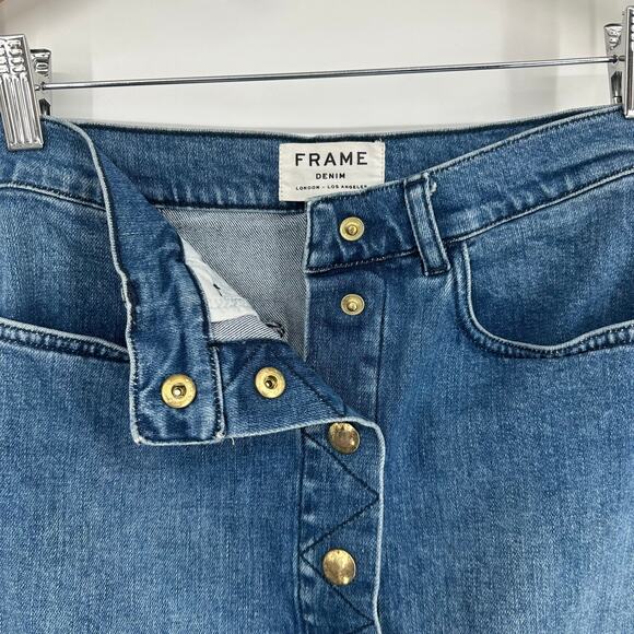 FRAME Denim Claire Mini Skirt Gold Button High Rise A-Line Medium Wash Blue - Picture 9 of 16